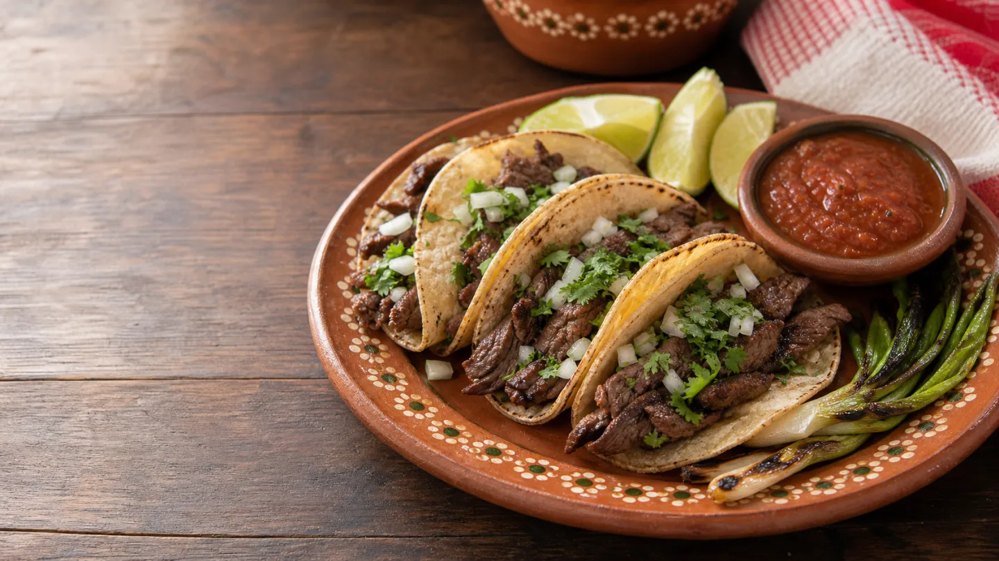 Carne asada tacos with onion, cilantro, lime, salsa, and grilled green onions